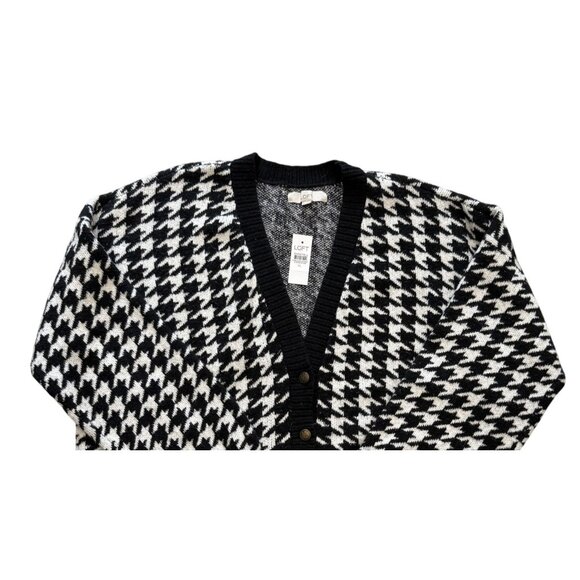 Loft Womens Black White Houndstooth Cardigan Sweater XL Career Professional - Picture 2 of 4